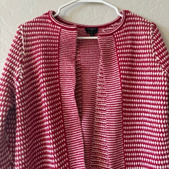 Talbots Woman Red White 100% Merino Wool Long Sleeve Cardigan Open Front Sweater - Picture 4 of 9